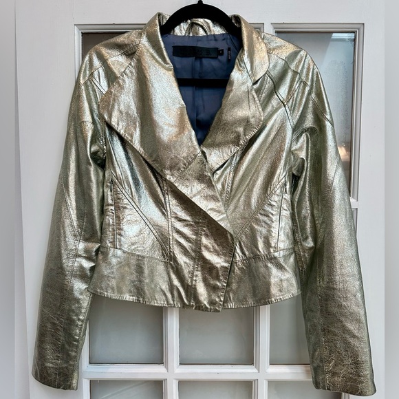 Vintage L.A.M.B Gwen Stefani Rock Glam Leather Silk Metallic Gold Jacket Size 2 - Picture 1 of 16